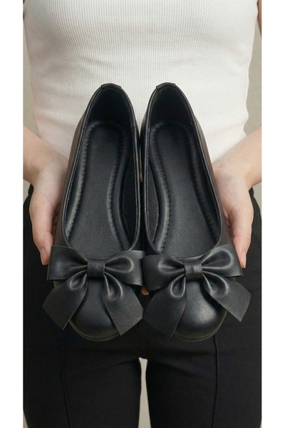 Beyond Women's Black Bow Detailed Leather Ballerinas 1cm Byndmtf04