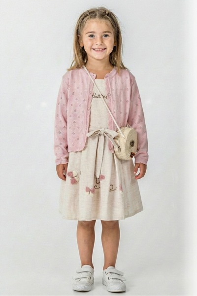 LUCEVERA 2-9 Yaş Kız Çocuk Keten Elbise – Nakış Detaylı, Kuşaklı, Hırka Kombi...