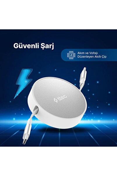Ttec USB-C - USB-C Mini Makaralı 100W PD/QC 120cm Hızlı Şarj Kablosu