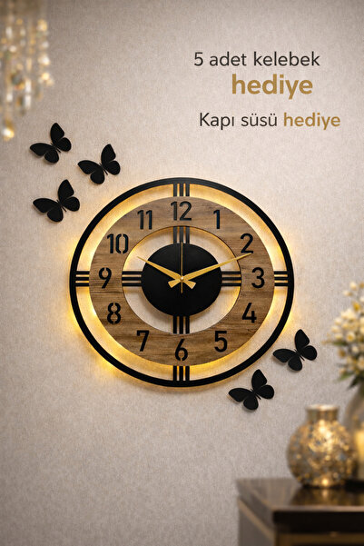 Pey Aksesuar Işıklı Ahşap Duvar Saati 48 cm Dekoratif modern tasarım