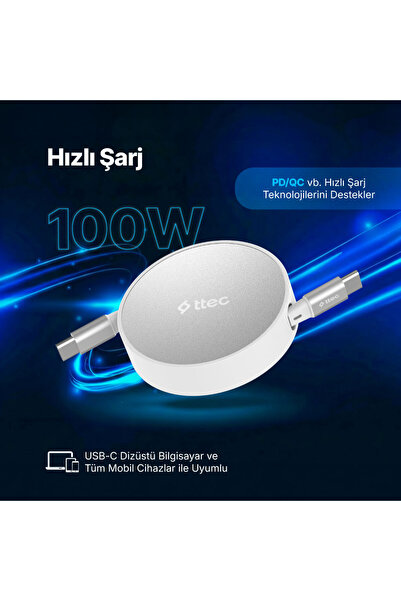 Ttec USB-C - USB-C Mini Makaralı 100W PD/QC 120cm Hızlı Şarj Kablosu