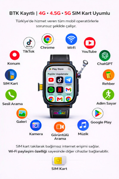 Maybax Sim Kartlı Android Akıllı Saat 64 GB ROM 4 GB RAM Wi-Fi Paylaşma Sosya...