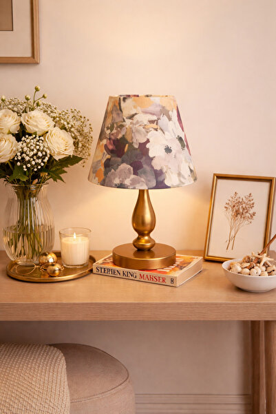 retro home design Eskitme Ayaklı Mor Çiçek Detaylı Silindir Masa Lambası Deko...