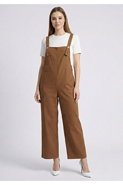 Little Visqon Kadın Geniş Paça Keten Görünümlü Bahçıvan Askılı Rahat Kesim Sa...