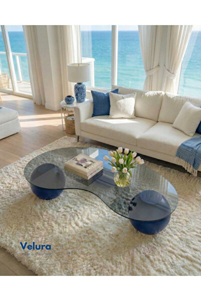 Velura Home & Living Küre Orta Sehpa - Mavi - Fasulye - Füme Cam
