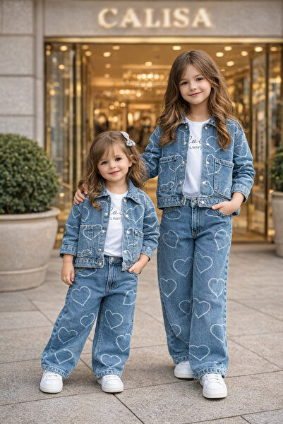 CALİSA Girl's 3-Piece Heart Detailed Denim Set – Jacket + T-Shirt + Jeans (Ag...