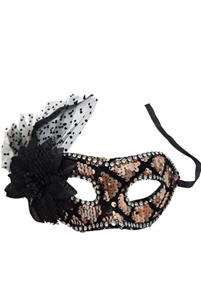 partidolu Siyah Güllü Altın Pullu Wedding Arkadan Bağlamalı Balo Maskesi 1 Ad...