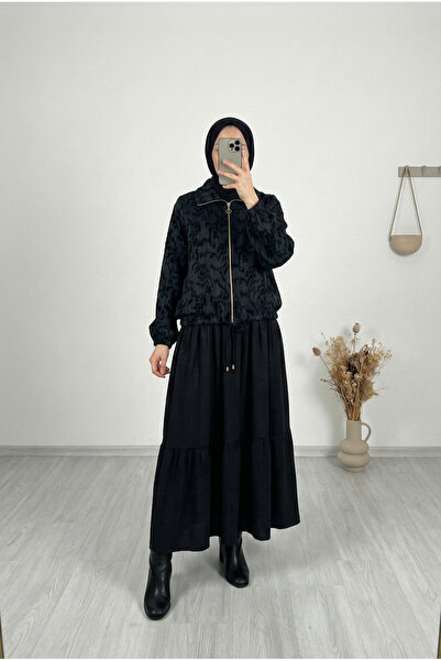 MİHRA STORE Ayşen Φόρεμα με Σχέδιο στο Πάτο και Διπλό Κούμπωμα-ΜΦ1795 Μαύρο