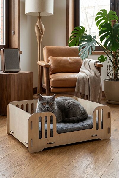 Evene Büyük Kedi Yatağı Dekoratif Ahşap Dayanıklı Açık Meşe Renk Model 5