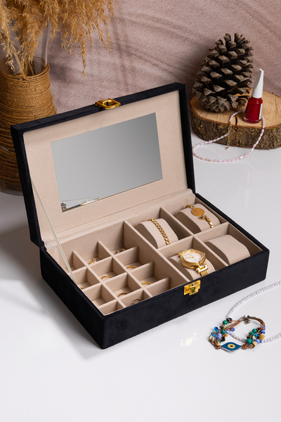 Ecrou Black Velvet Jewelry with Mirror, Organizer, Jewelry Box 25 X16 X 7 cm