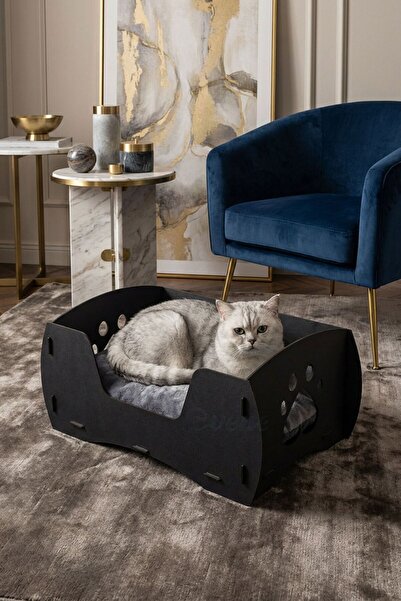 Evene Büyük Kedi Yatağı Dekoratif Ahşap Dayanıklı Siyah Renk Model 6