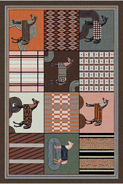 kilim home At Motifli Geometrik Patchwork Halı - Modern Etnik Kahverengi Salo...