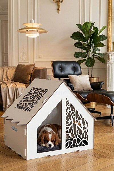 Evene Ahşap Köpek Kulübesi Dekoratif Köpek Evi Beyaz Renk Seperatör Model