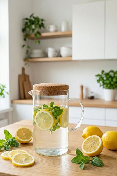 tutku home Mantar Kapaklı Borosilikat Cam Sürahi - 1 Litre