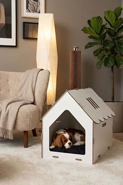 Evene Ahşap Köpek Kulübesi Dekoratif Köpek Evi Beyaz Renk Çatılı Model