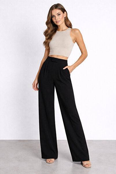 Adeyo Store Kadın Cırtlı Yüksek Bel Bol Paça Palazzo Pantolon