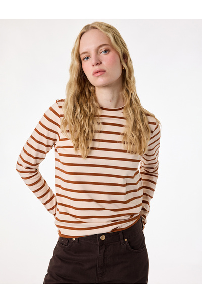 Koton Βαμβακερό μακρυμάνικο μπλουζάκι με ρίγες και λαιμόκοψη ποδηλάτου