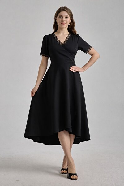 MAG FASHİON Short Sleeve Black Dress with Collar and Sleeves, Asymmetrical Cu...