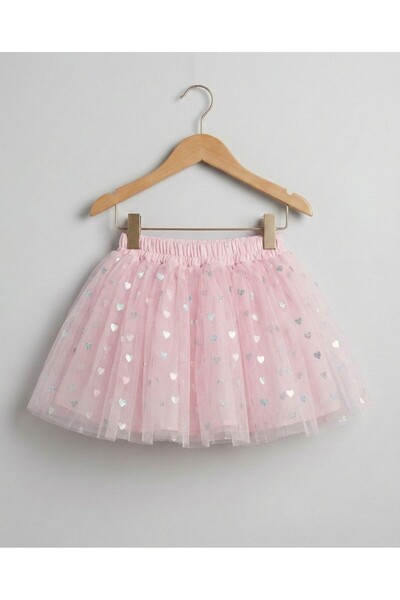 penu baby kids Розова пола от тюл с принт на сърца за момичета