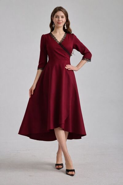 MAG FASHİON Dress with Collar and Sleeves, Asymmetrical Cut, Short in the Fro...