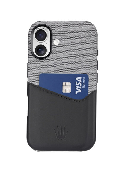 WATCHOFROYAL نوفا آيفون 16 حافظة هاتف جلدية حاملة بطاقات أسود-رمادي