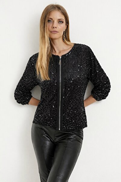 Kanonik Education Women's Long Sleeve Front Zipper Short Sequin Jacket