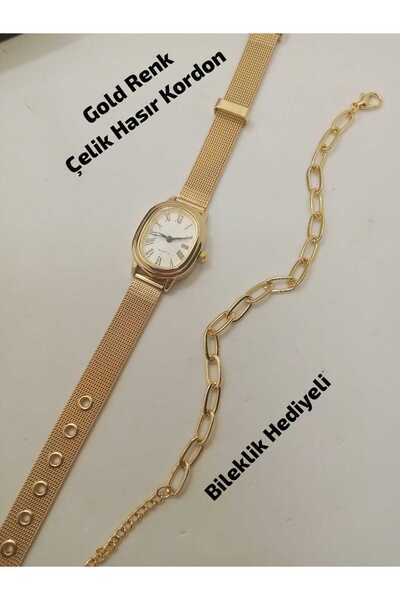 Brality Gold Color Case Vintage Women's Wristwatch - Gold Color Mesh Strap / ...