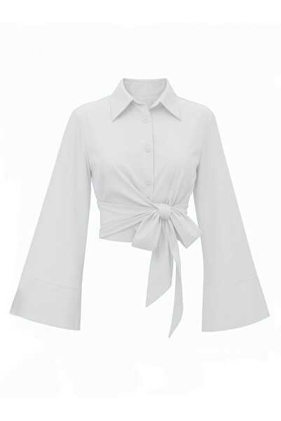 Modamorfo Tie-Waist Spanish Sleeve Poplin Shirt Blouse -White