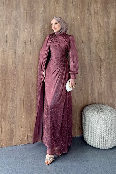 Şulemoda Giyim Stone Detailed Evening Dress Dusty Rose
