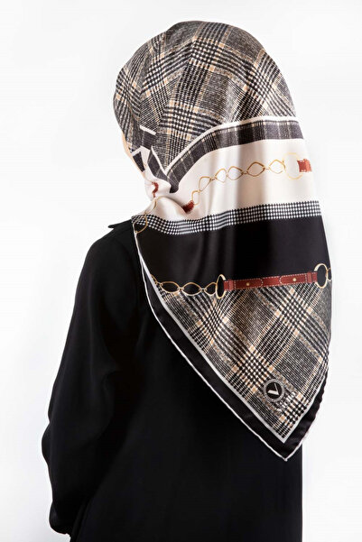 VİOLLA Twill Kemer ve Zincir Detaylı Ekose Desenli Siyah Renkli 90x90 Eşarp (...