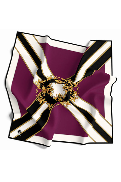 VİOLLA Twill Barok Desenli Mürdüm - Siyah Renkli 90x90 Dikim Şekli : El Dikiş...
