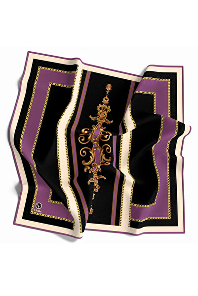 VİOLLA Twill Barok Desenli Lila Renkli 90x90 Eşarp (İpek İçermez) Kenar Dikiş...