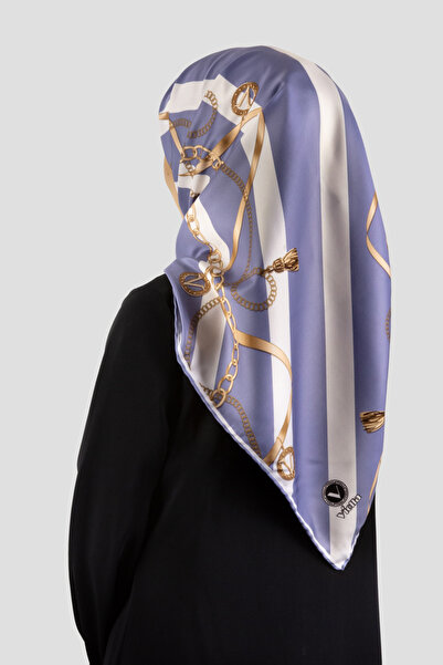 VİOLLA Twill Çizgili Kemer ve Zinci Desenli Bebe Mavisi Renkli 90x90 Eşarp (İ...