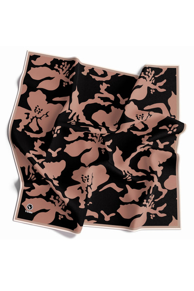 VİOLLA Twill Çiçek Desenli Siyah - Bej Renkli 90x90 Eşarp (İpek İçermez) Diki...