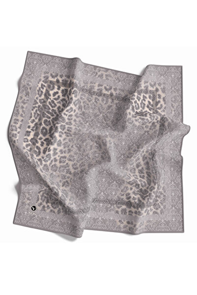 VİOLLA Twill Leopar Desenli Gri Renkli 90x90 Eşarp (İpek İçermez) Kenar Dikiş...