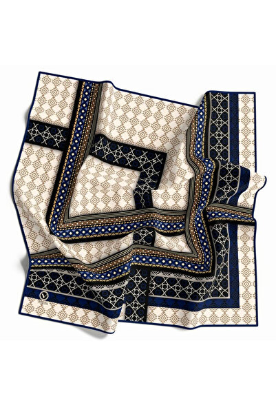 VİOLLA Twill Etnik Desenli Lacivert Renkli 90x90 Eşarp (İpek İçermez) Kenar D...