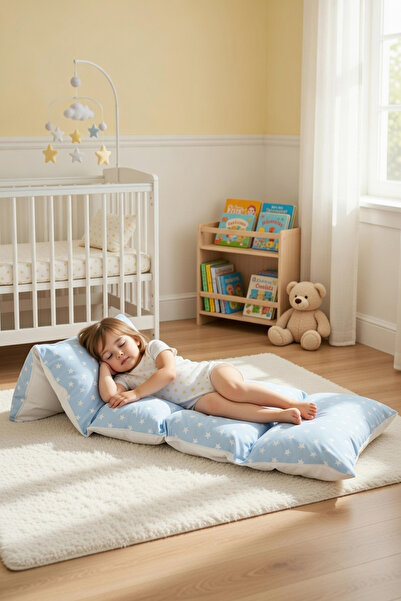 Bundeba Puf Mavi Yıldızlı Çocuk Katlanır Yer Minderi Bebek Yer Yatağı 5 Bölme...