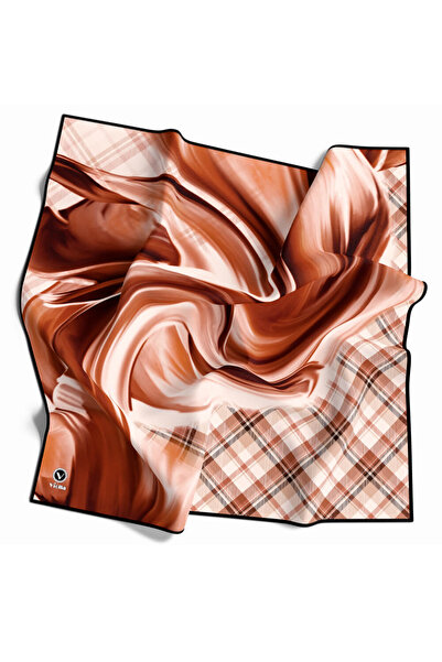 VİOLLA Twill Dalga ve Ekose Desenli Taba Renkli 90x90 Eşarp (İpek İçermez)Ken...