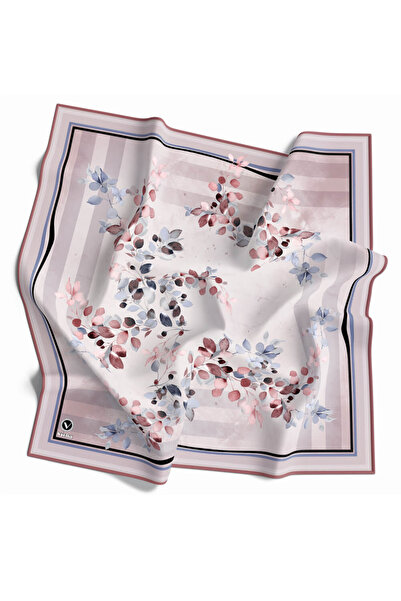 VİOLLA Twill Çiçek Desenli Gül Kurusu Renkli 90x90 Eşarp (İpek İçermez) Kenar...