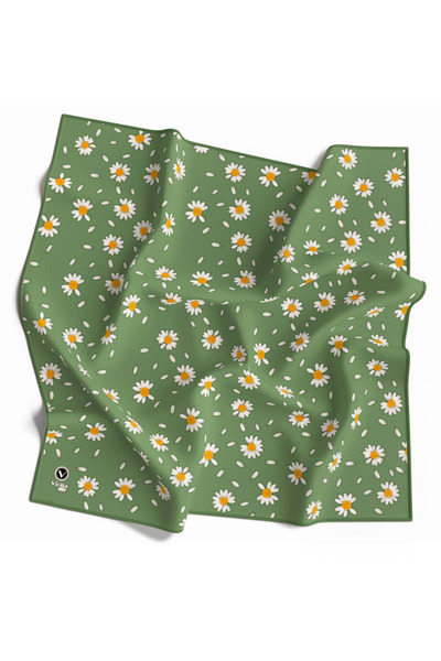 VİOLLA Twill Papatya Desenli Koyu Mint Yeşili Renkli 90x90 Eşarp (İpek İçerme...