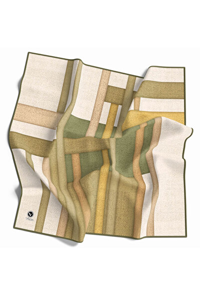 VİOLLA Twill Renkli Şerit Desenli Haki Renkli 90x90 Eşarp (İpek İçermez) Kena...