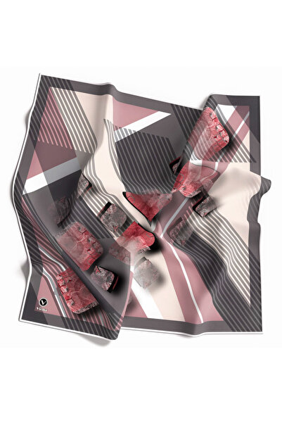 VİOLLA Twill Çizgili ve Geometrik Desenli Pudra Renkli 90x90 Eşarp (İpek İçer...