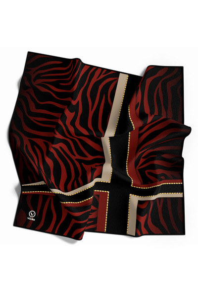 VİOLLA Twill Zebra Desenli Siyah - Bordo Renkli 90x90 Eşarp (İpek İçermez) Di...