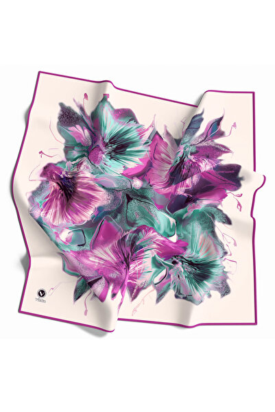 VİOLLA Twill Çiçek Desenli Fuşya - Mint Yeşili Renkli 90x90 Eşarp (İpek İçerm...