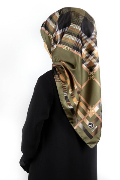 VİOLLA Twill Kemerli ve Ekose Desenli Haki Yeşili Renkli 90x90 Eşarp (İpek İç...