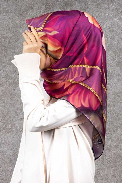 VİOLLA Twill Gül Desenli Fuşya - Somon Renkli 90x90 Eşarp (İpek İçermez) Kena...