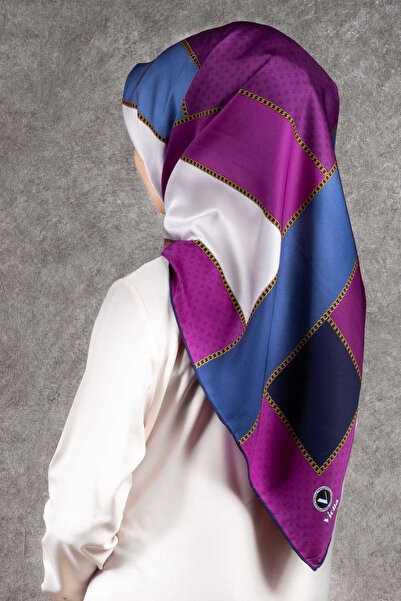VİOLLA Twill Geometrik Desenli Mürdüm - İndigo Renkli 90x90 Eşarp (İpek İçerm...