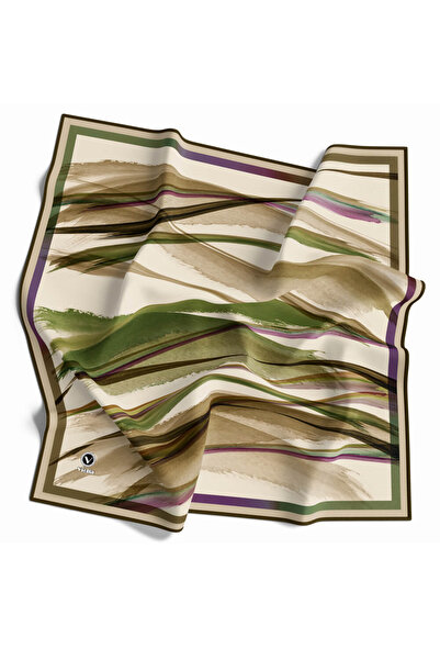 VİOLLA Twill Fırça Desenli Haki Yeşili - Bej Renkli 90x90 Eşarp (İpek İçermez...