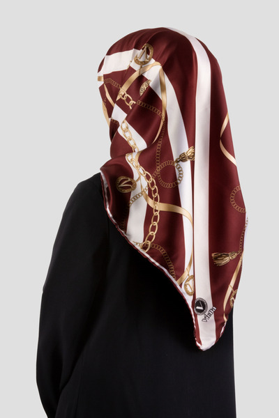 VİOLLA Twill Çizgili Kemer ve Zinci Desenli Bordo Renkli 90x90 Eşarp (İpek İç...