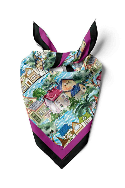 Modabutik D61 Kadın Mor Açık Mavi Casa Desenli 50x50 Bandana HYL DG01150-22